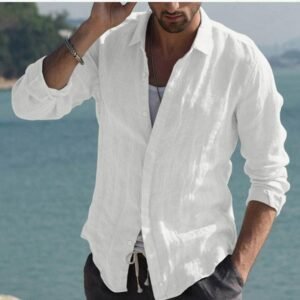 Men Shirt Cotton Blend Pocket Solid Long Sleeve Tops
