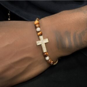 Copper gold-plated full diamond cross bracelet for men