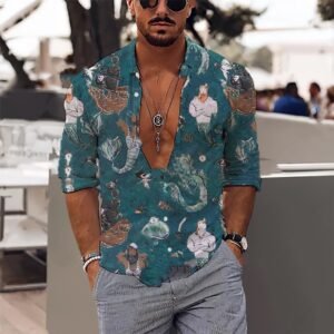 Fashion 3D Shanhaijing Printed Hawaiian Men's Long Sleeve Shirt