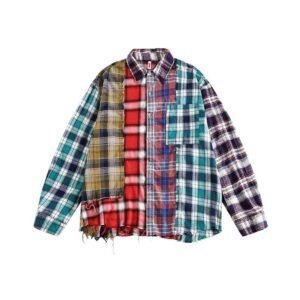 Multi-color Mosaic Plaid Fringed Hem Long Sleeve Shirt Men