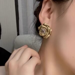 Gold Three-dimensional Camellia Flower Diamond Stud Earrings
