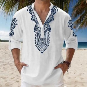 Stand Collar Long Sleeve Beach Casual Shirt Men