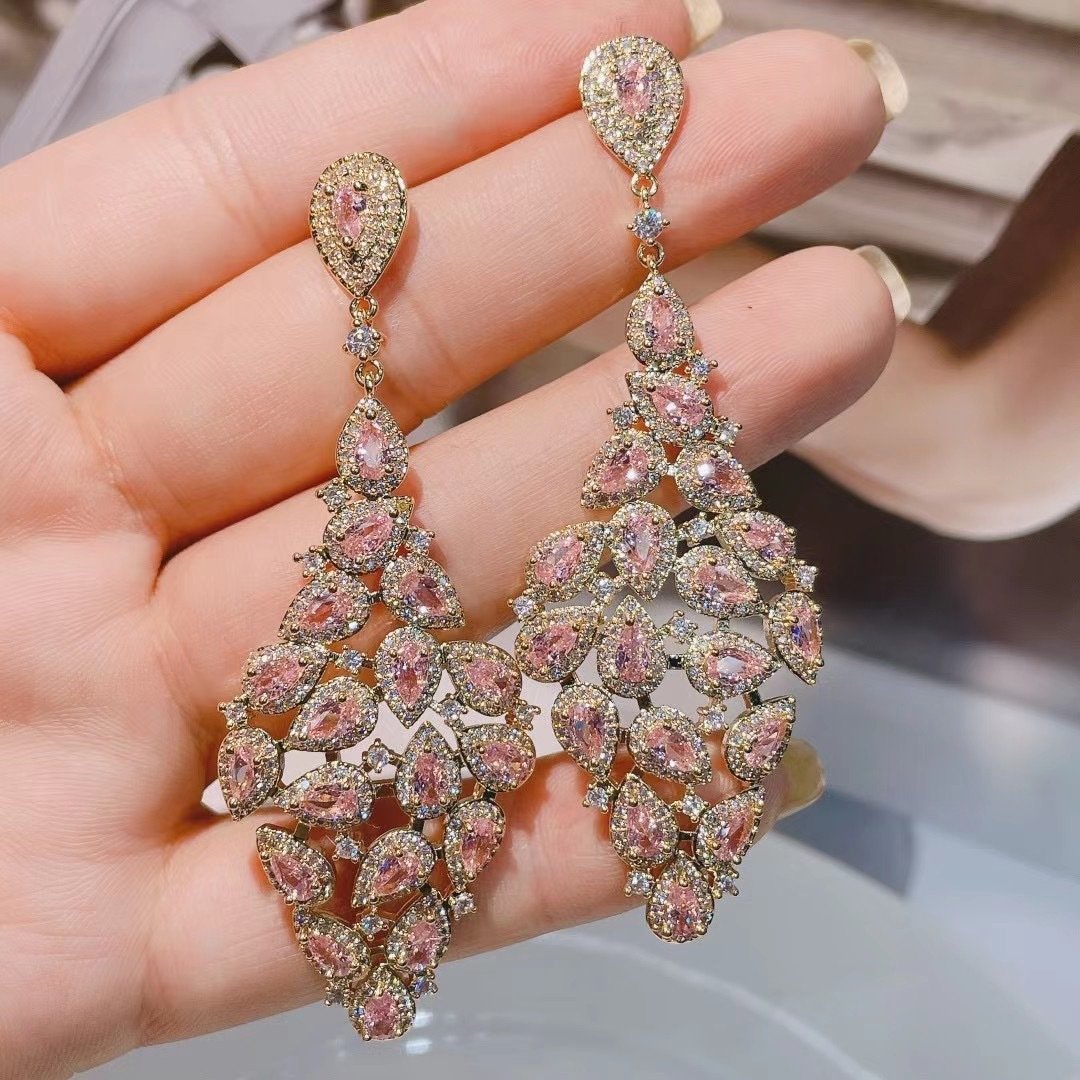 Luxury Full Zircon Water Drop Tassel Large Diamond Drop Earrings - Image 2