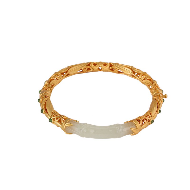 S925 Sterling Silver Gold-plated Hetian Jade Vintage Auspicious Clouds And Bamboo Leaves Hollow Bracelet - Image 4