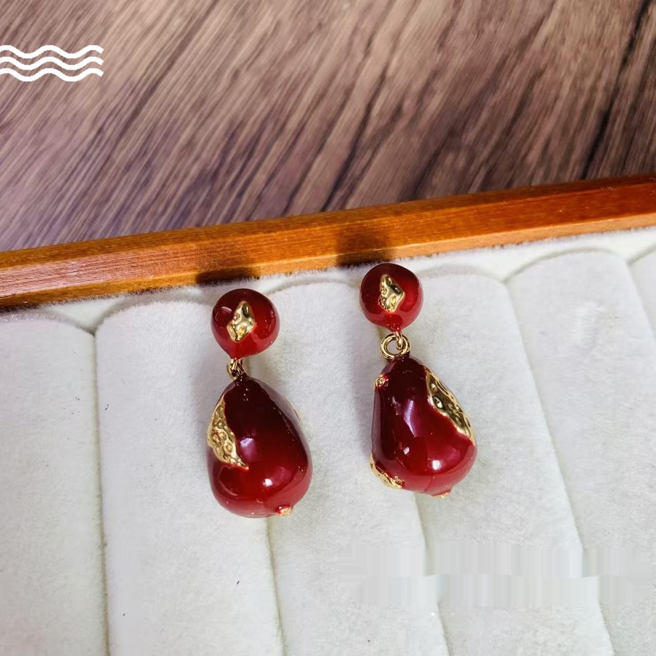 New Year Vintage Wine Red Enamel Water Drop Earrings - Image 2