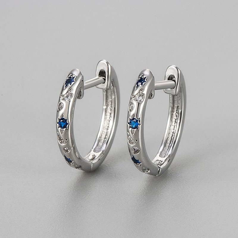 European And American Simple Blue Awn Star Moon Zircon Earrings Simple Stud Earrings - Image 4