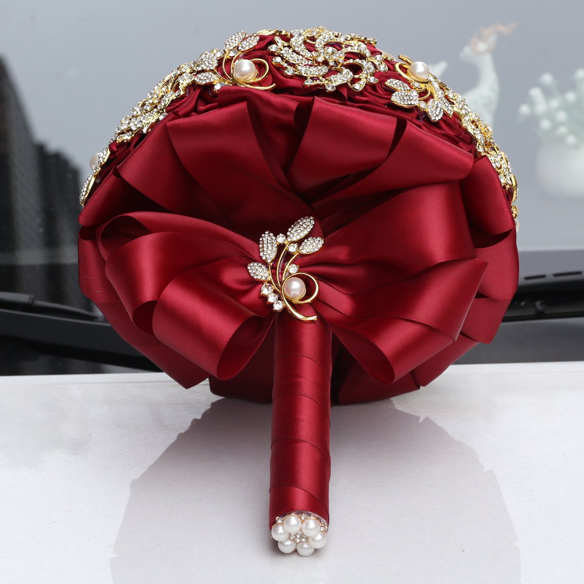 Golden Full Diamond Bridal Bouquet, Golden Rhinestones, European And American Style Handmade Burgundy Wedding Bouquet - Image 4