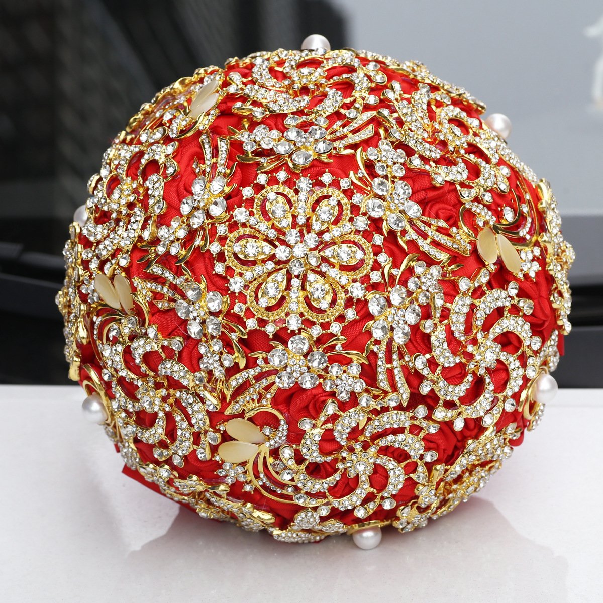 Golden Full Diamond Bridal Bouquet, Golden Rhinestones, European And American Style Handmade Burgundy Wedding Bouquet - Image 5