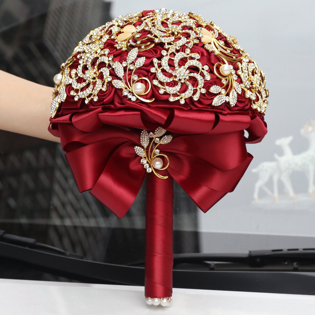 Golden Full Diamond Bridal Bouquet, Golden Rhinestones, European And American Style Handmade Burgundy Wedding Bouquet - Image 3