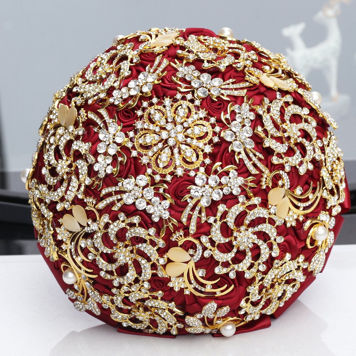 Golden Full Diamond Bridal Bouquet, Golden Rhinestones, European And American Style Handmade Burgundy Wedding Bouquet - Image 7