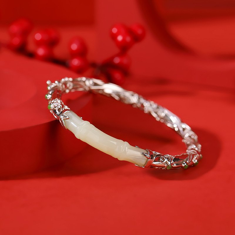 S925 Sterling Silver Gold-plated Hetian Jade Vintage Auspicious Clouds And Bamboo Leaves Hollow Bracelet - Image 3