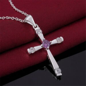 Fashion Jewelry Silver-plated Cross Purple Crystal Zircon Necklace
