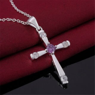 Fashion Jewelry Silver-plated Cross Purple Crystal Zircon Necklace