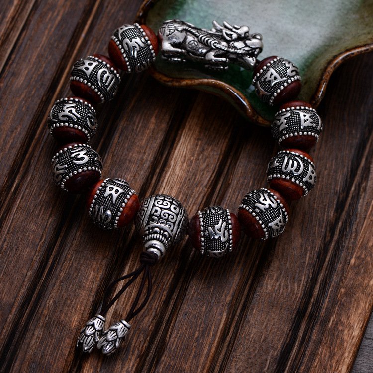 Six-character Mantra Of Pure Silver Retro Lobular Red Sandalwood - Image 3