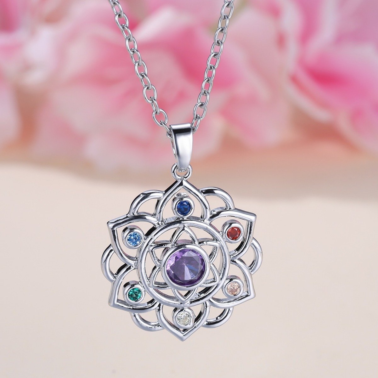 Round Purple Edge Colorful Lotus Necklace