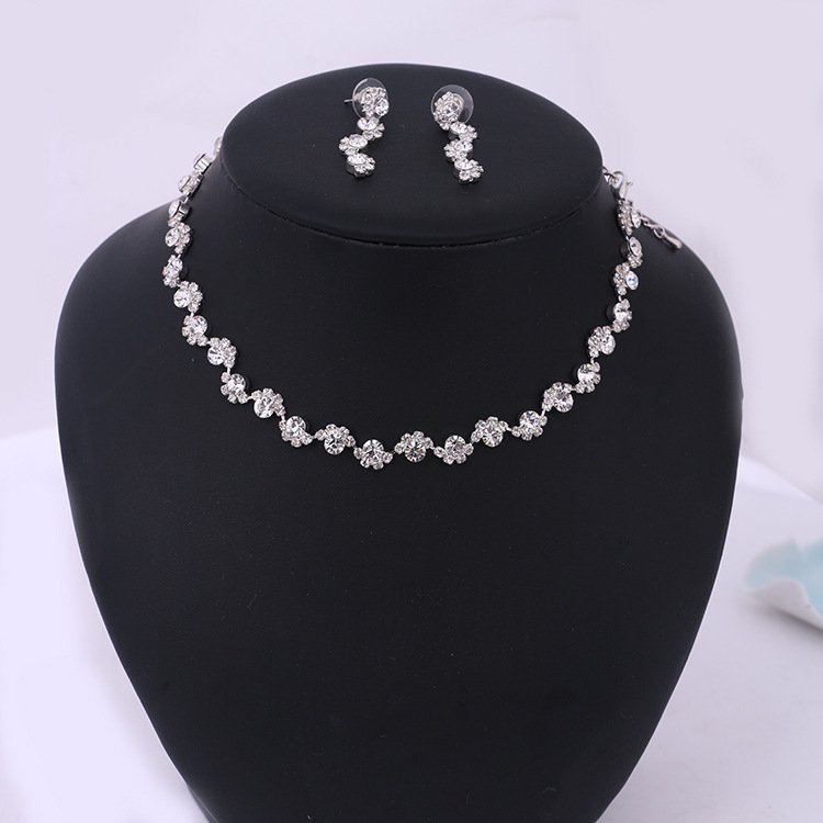 Simple diamond earrings necklace set bride Korean party dress wedding jewelry accessories - Image 6