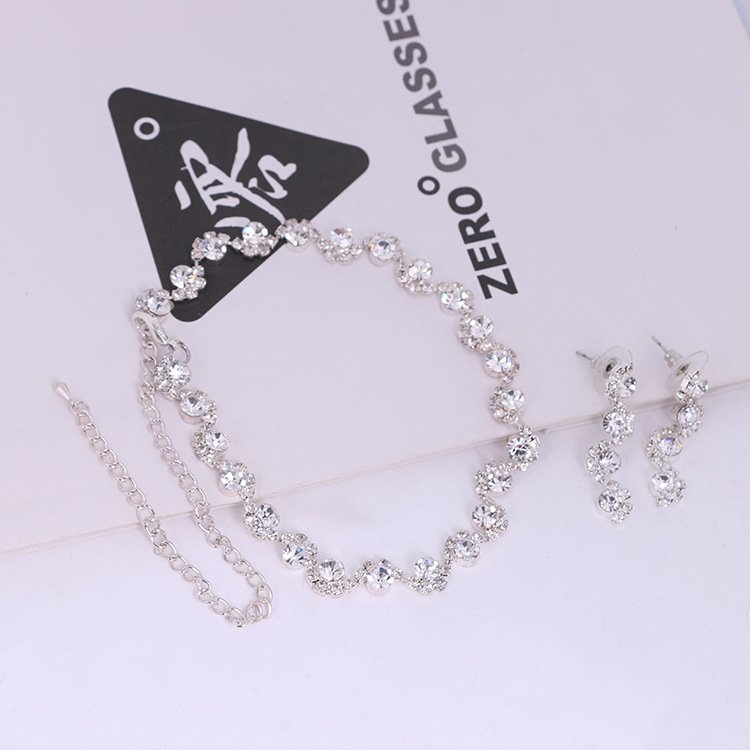 Simple diamond earrings necklace set bride Korean party dress wedding jewelry accessories - Image 3
