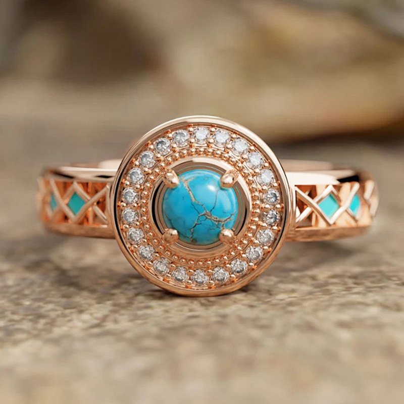 Women's Turquoise Ethnic Style Oil Micro Inlaid Zircon Ring - Image 2