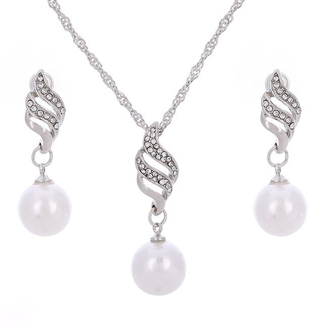 Europe and the United States eBay explosion models accessories wholesale bride accessories Pearl Diamond Necklace Set Earrings wavy lines - Image 2