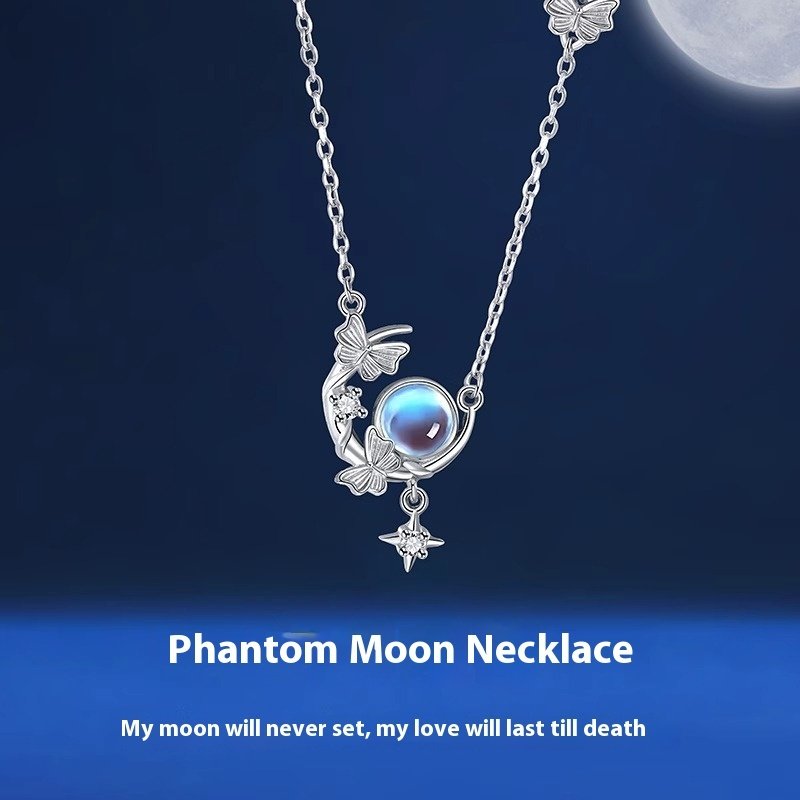 S925 Sterling Silver Moon Necklace Female Moonstone Moon Butterfly