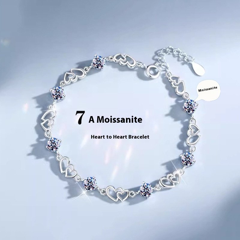 S925 Sterling Silver Heart-to-heart Moissanite Bracelet