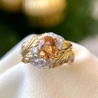 Embossed Feather Ring Female Fashion Exquisite Ring Inlaid Yellow Zircon Style