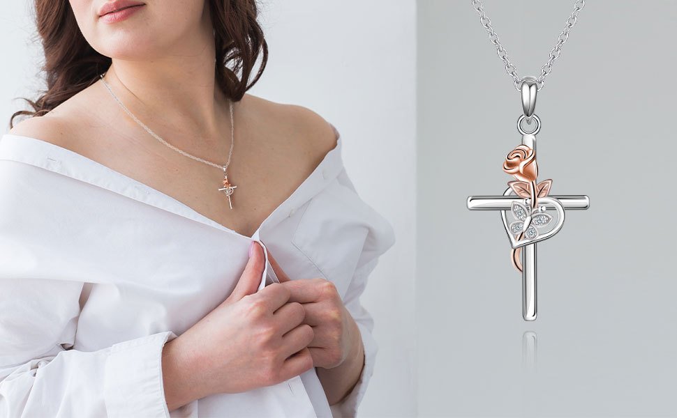 European And American S925 Sterling Silver Cross Rose Pendant Clavicle Chain - Image 5