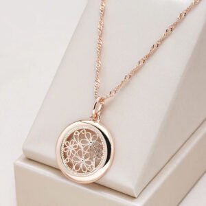 Retro Elegant Round Hollow Flower Pendant 585 Rose Gold Plated Necklace