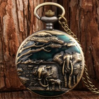 Elephant Pattern Quartz Pocket Retro Flip Casual Pocket Watch
