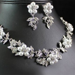 Alloy bridal sleeve chain, leaf pearl necklace, earring, Korean wedding dress, two piece set, pearl leaf set chain