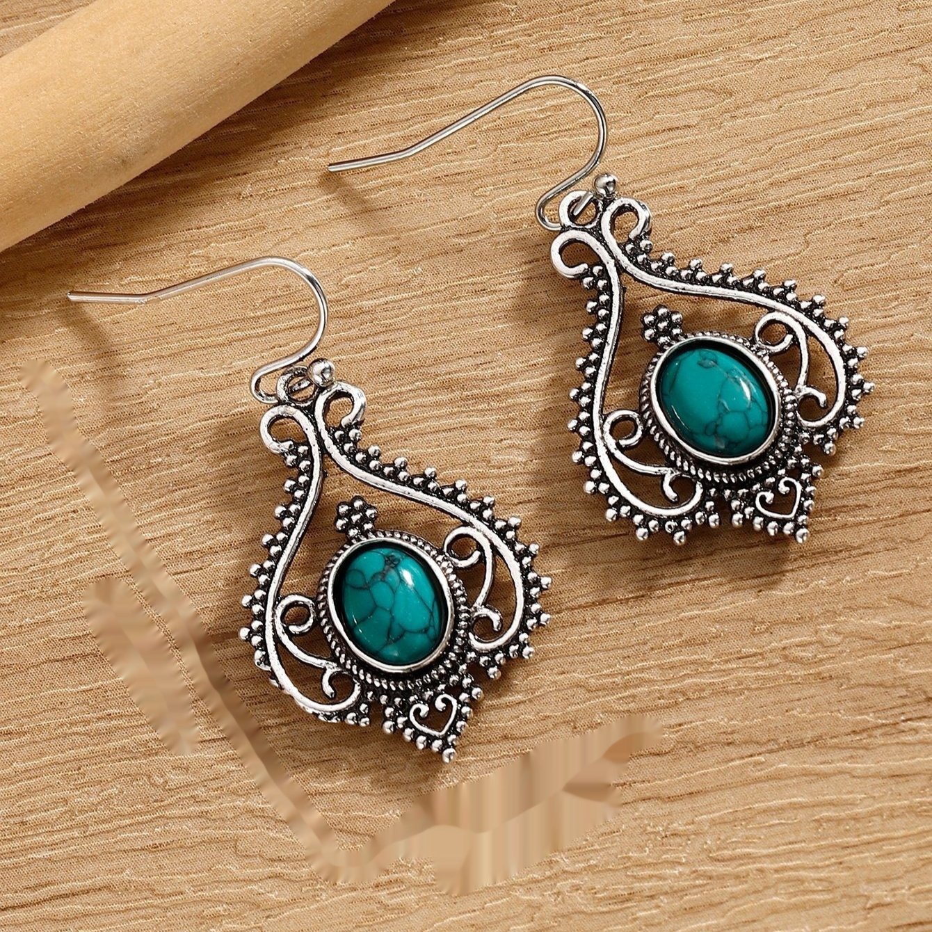 Bohemian Ethnic Style Gold Silver Inlaid Turquoise Decorative Stud Earrings