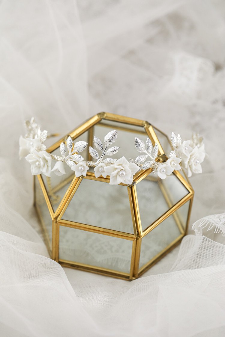 Hair Band Gold Leaf Silver Leaf White Flower Ceramic Hair Accessories - Image 3