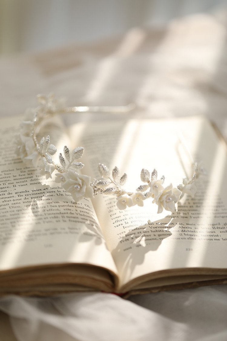 Hair Band Gold Leaf Silver Leaf White Flower Ceramic Hair Accessories - Image 2