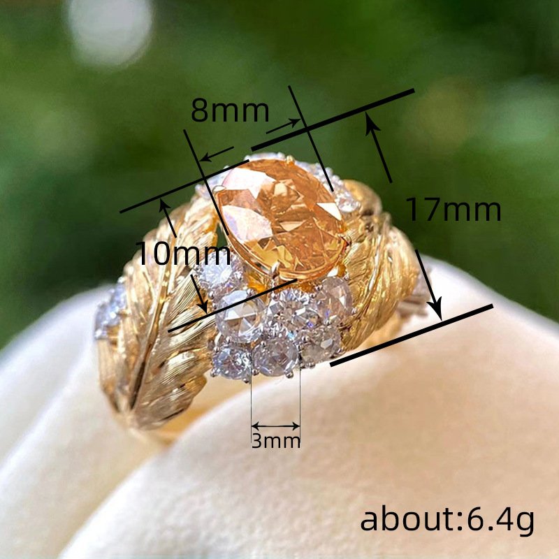 Embossed Feather Ring Female Fashion Exquisite Ring Inlaid Yellow Zircon Style - Image 5