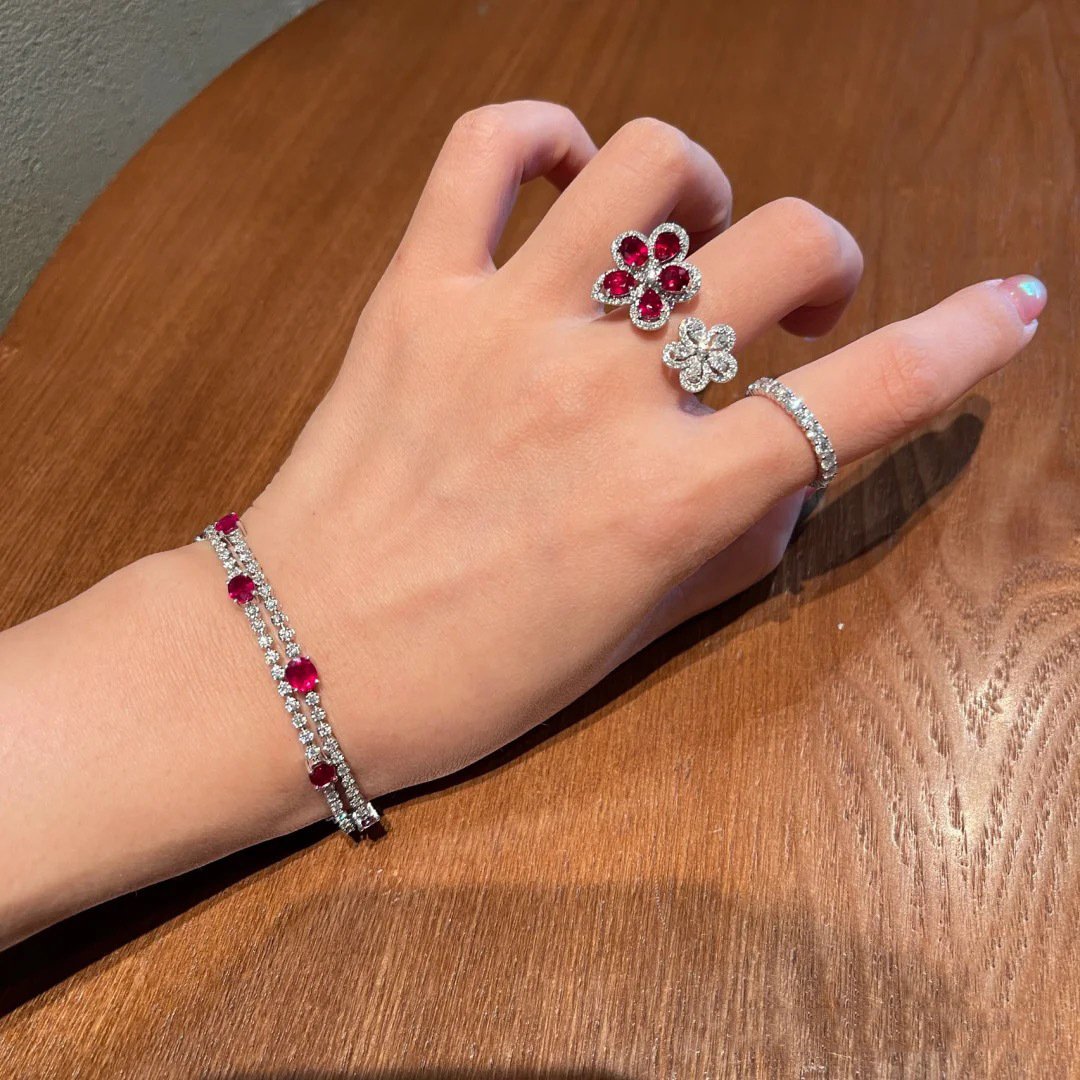 Colorful Bright Crimson Gemstone Flower Grape Purple Zircon Shining Diamond Flower Ring - Image 3