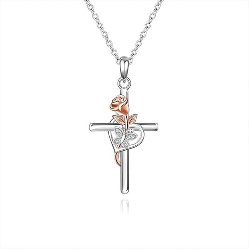 European And American S925 Sterling Silver Cross Rose Pendant Clavicle Chain - Image 4