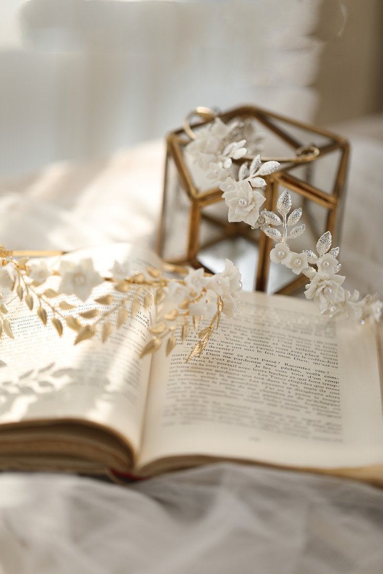 Hair Band Gold Leaf Silver Leaf White Flower Ceramic Hair Accessories - Image 4