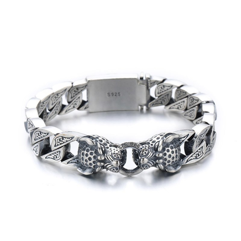 S925 Sterling Silver Leopard Head Bracelet Men's Retro Thick Style - Image 3