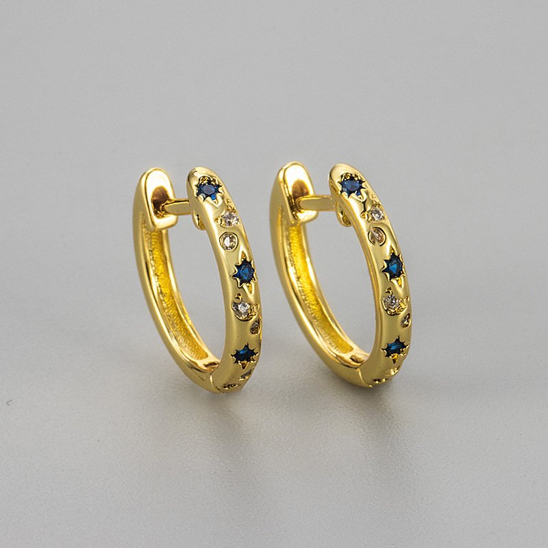 European And American Simple Blue Awn Star Moon Zircon Earrings Simple Stud Earrings - Image 3