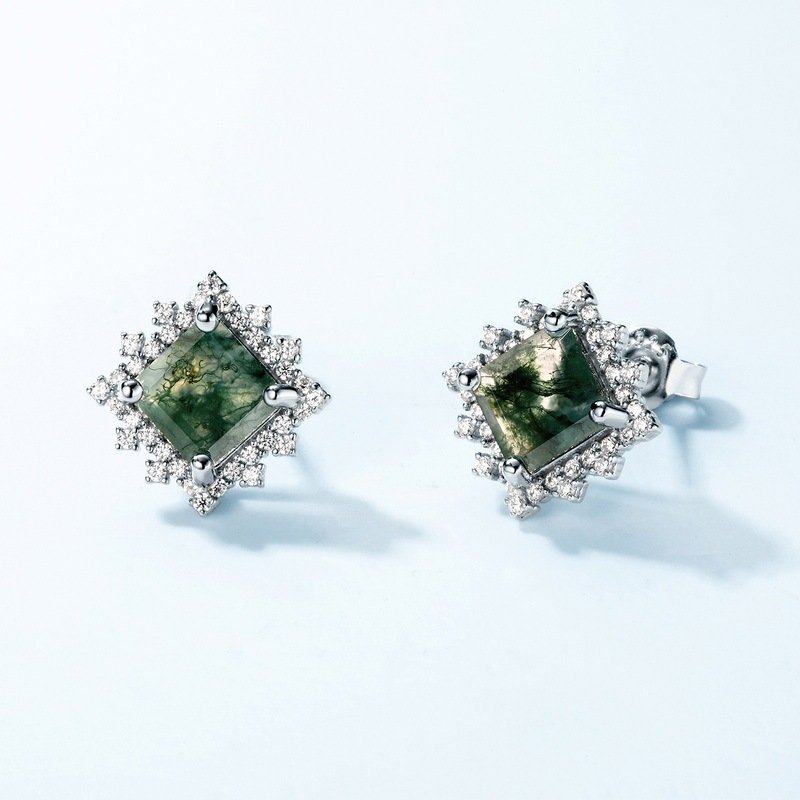 Light Luxury Green Moss Square Water Plants Agate Stud Earrings - Image 7