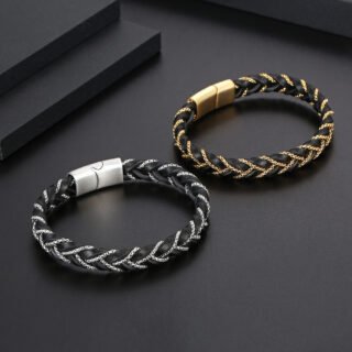 Men's Stainless Steel Ring Bracelet Simple Woven Leather Bracelet