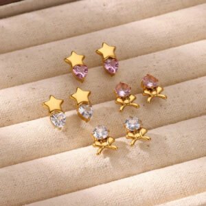 Stainless Steel Micro Zircon-encrusted Stud Earrings Love Heart Bow Tie