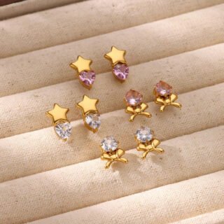 Stainless Steel Micro Zircon-encrusted Stud Earrings Love Heart Bow Tie