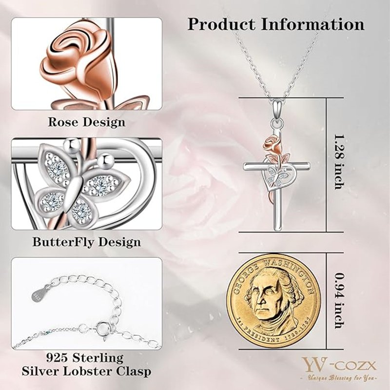 European And American S925 Sterling Silver Cross Rose Pendant Clavicle Chain - Image 2