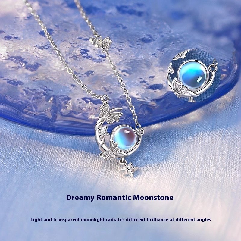 S925 Sterling Silver Moon Necklace Female Moonstone Moon Butterfly - Image 3