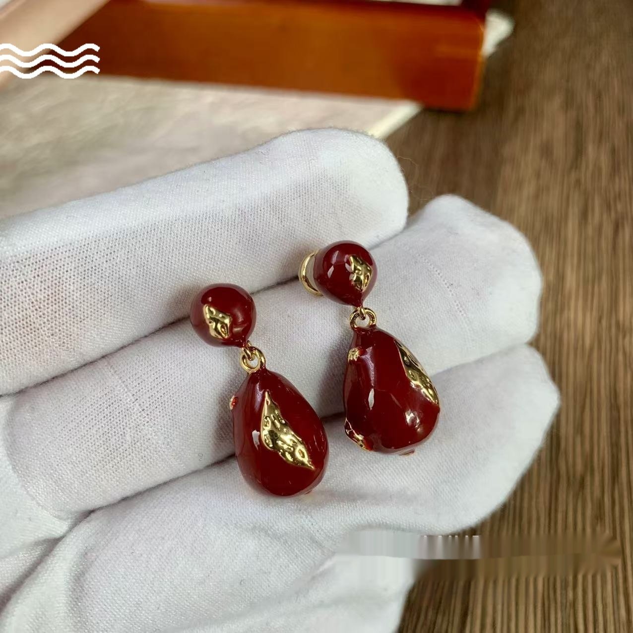 New Year Vintage Wine Red Enamel Water Drop Earrings - Image 3