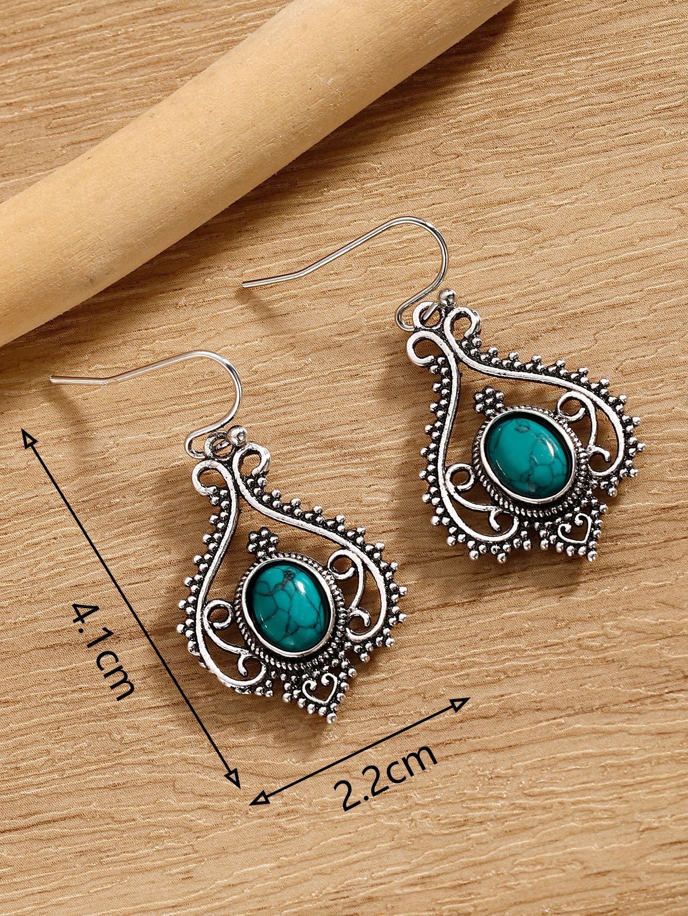 Bohemian Ethnic Style Gold Silver Inlaid Turquoise Decorative Stud Earrings - Image 2