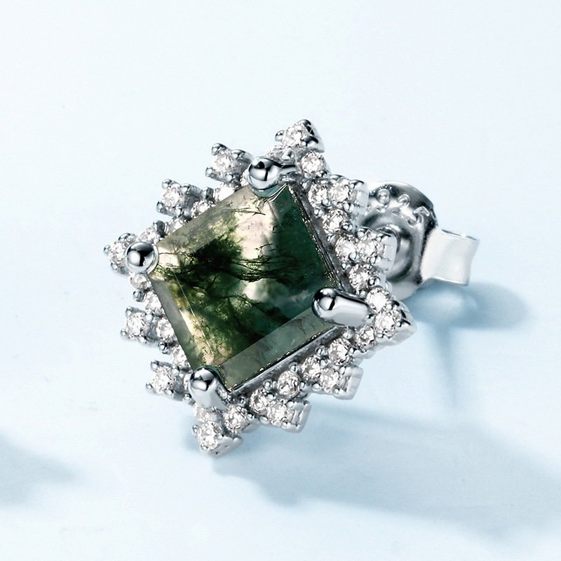 Light Luxury Green Moss Square Water Plants Agate Stud Earrings - Image 8