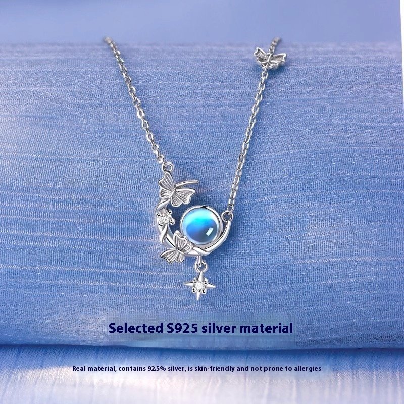 S925 Sterling Silver Moon Necklace Female Moonstone Moon Butterfly - Image 2