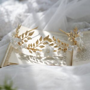 Hair Band Gold Leaf Silver Leaf White Flower Ceramic Hair Accessories